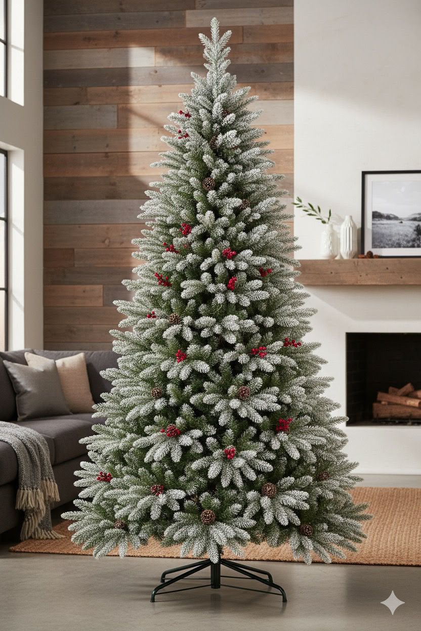 Premium Pine Snow-Flocked Christmas Tree with Cones & Berries – 210cm (7Ft)
