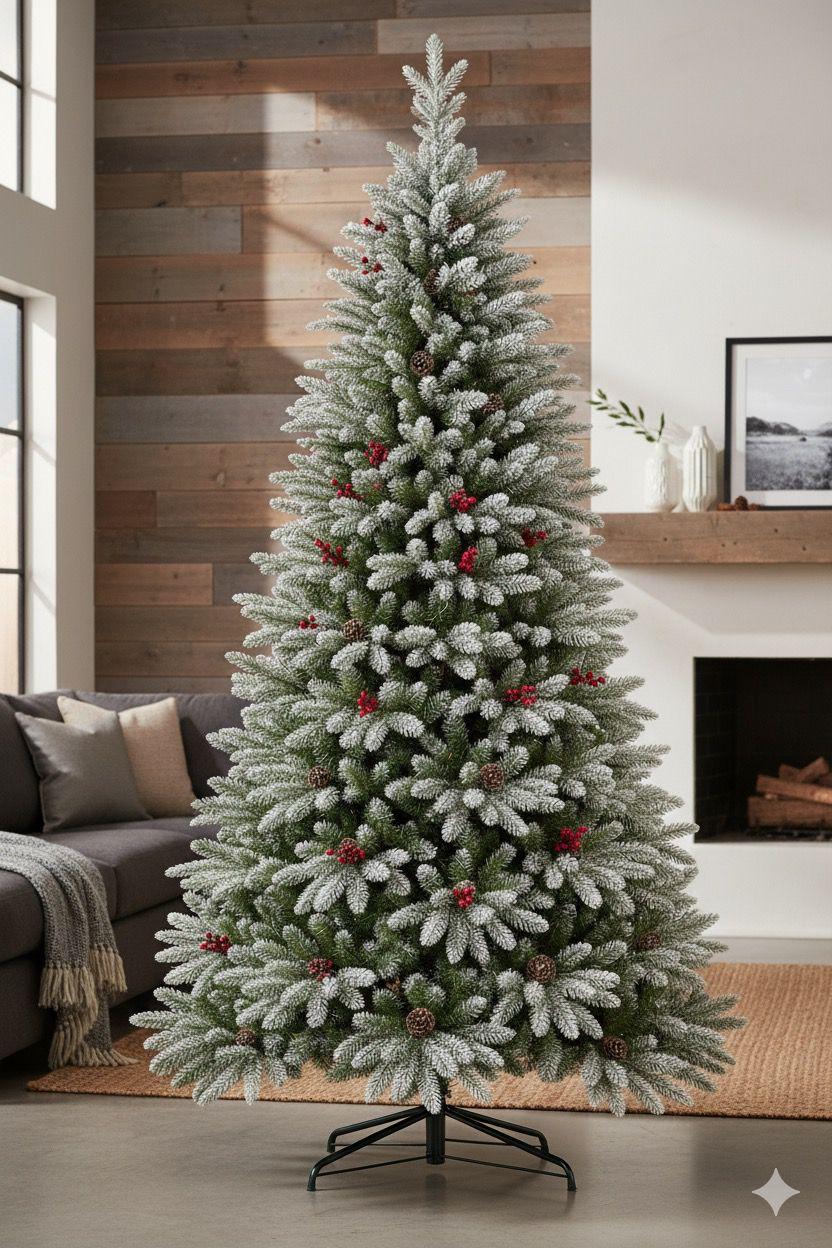 PINE SNOW FLOCKED CHRISTMAS TREE WITH CONE & RED BERRIES 2.1 meters (7ft)