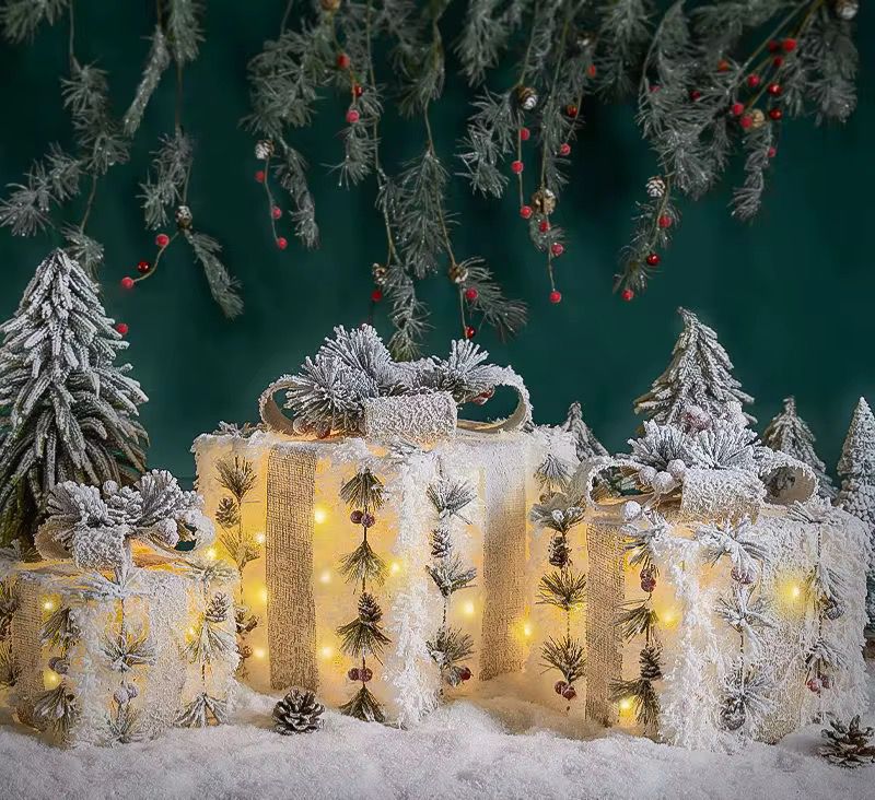 3Pc Set Snow Flocked Christmas Lighted Gift Boxes