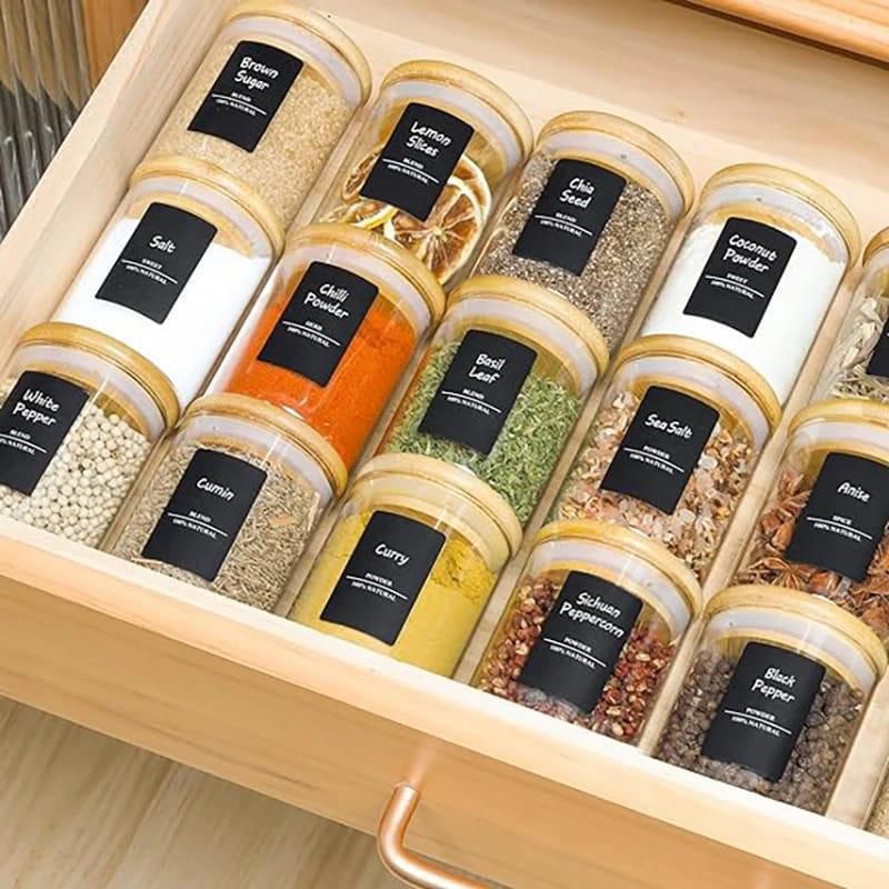Round glass jars set /spice jars 12pc jars with Bamboo lids Labels +pen 300ml