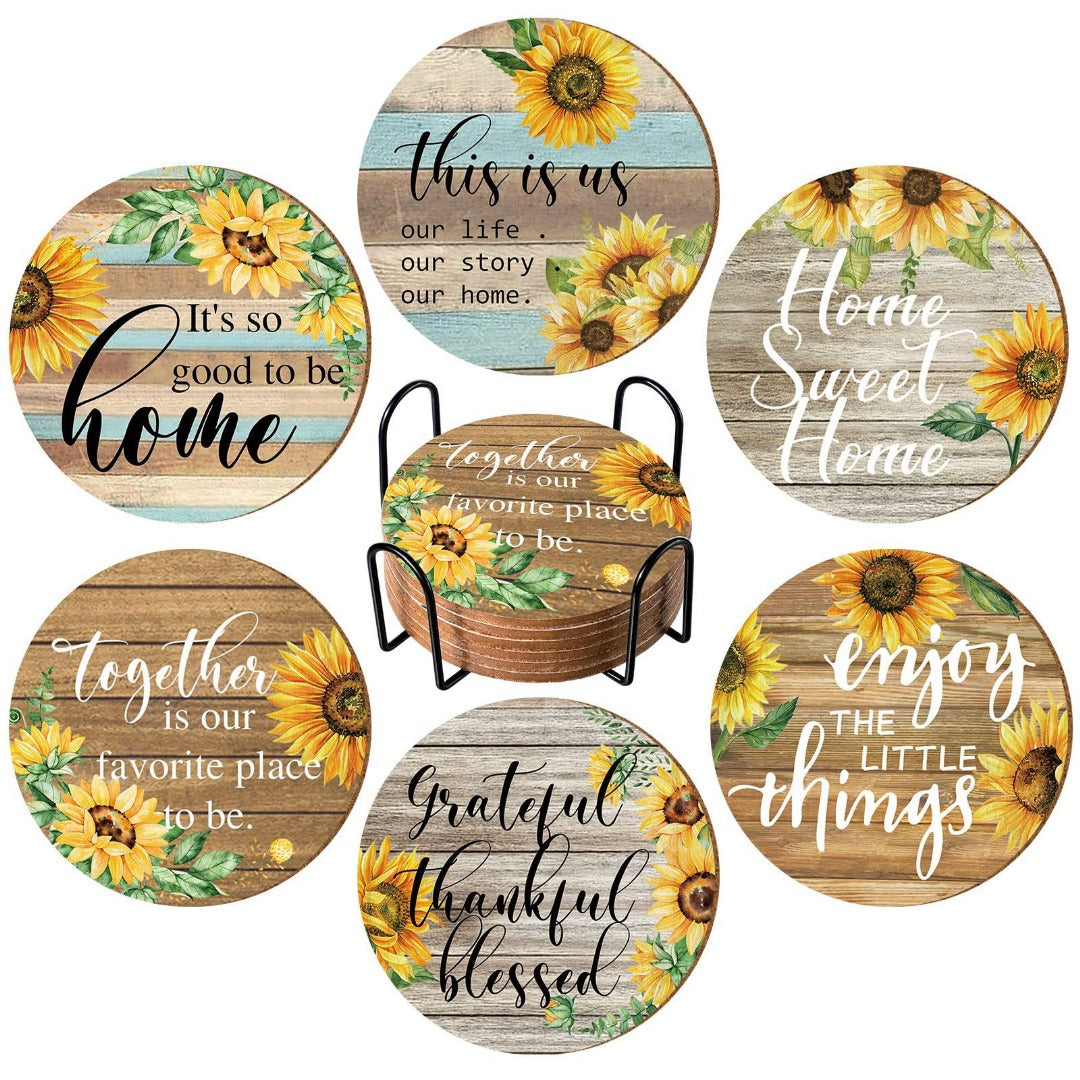 6pcs Rustic Wooden Drink Coasters with metal stand holder