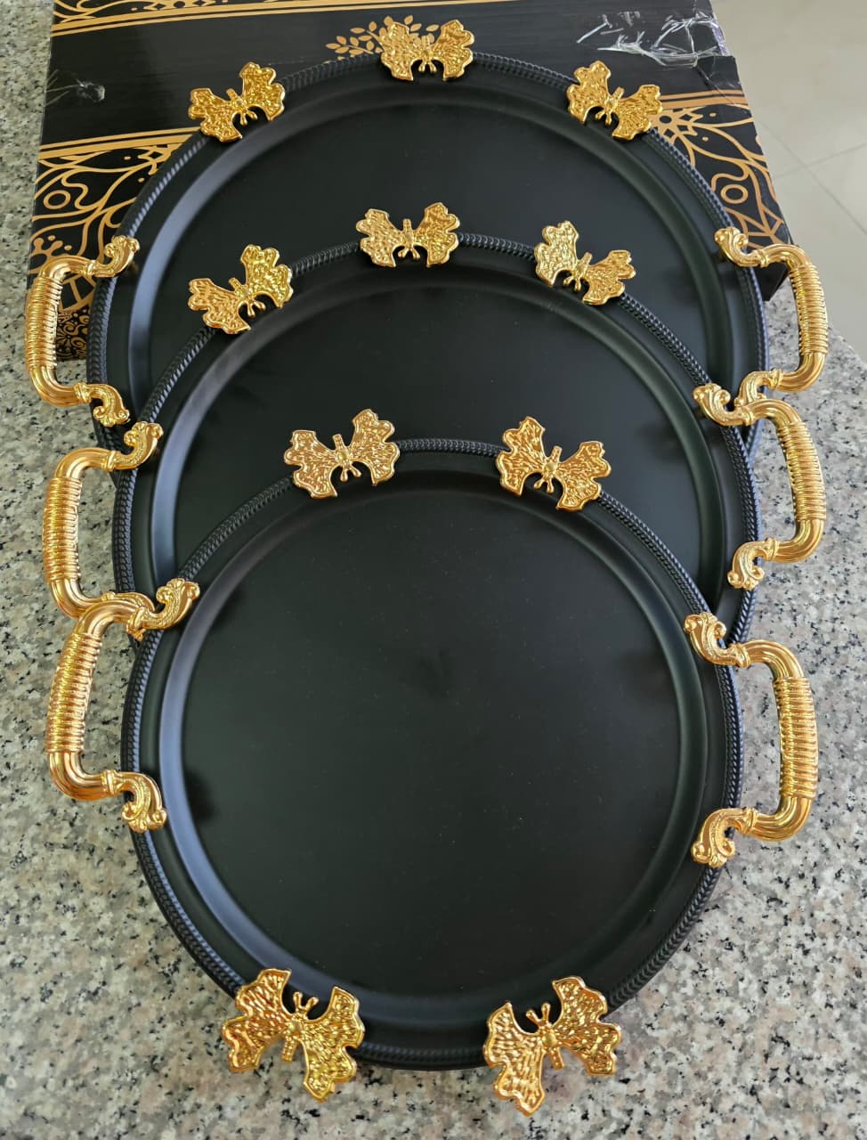 High quality 3pcs Customised stainless steel Trays with Gold Handles