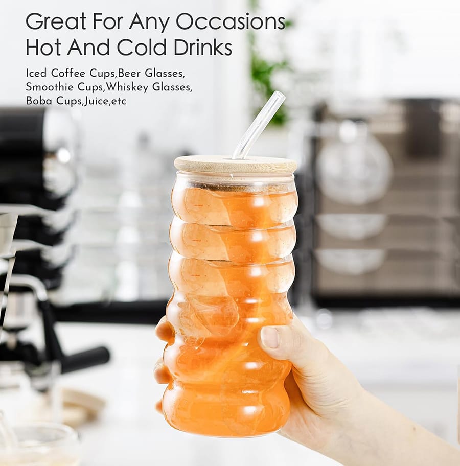 Borosilicate Ripple Wave Glass Cup with Bamboo Lid