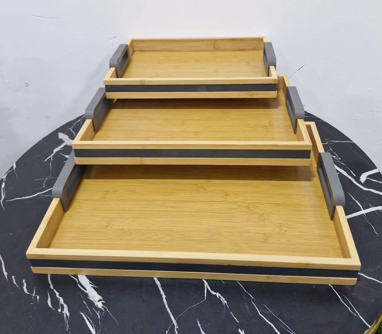 3-Piece Bamboo Nesting trays with Grey Handles