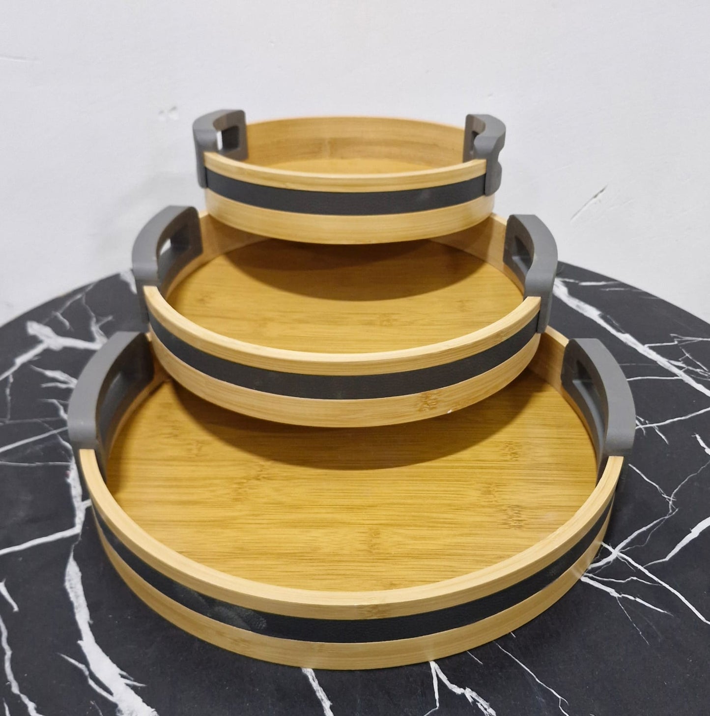 3-Piece Bamboo Nesting trays with Grey Handles
