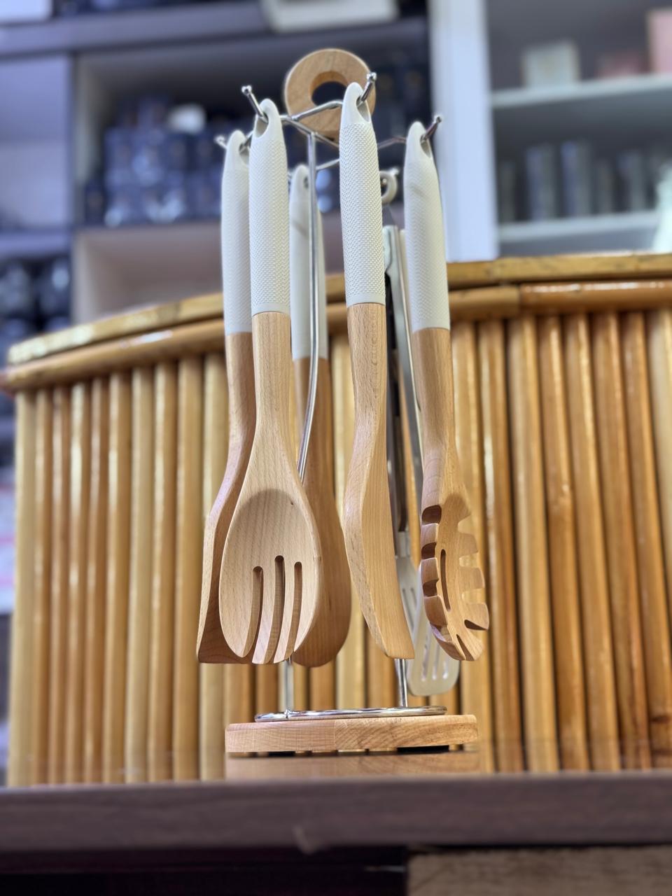 6pcs premium bamboo spoon set with stand