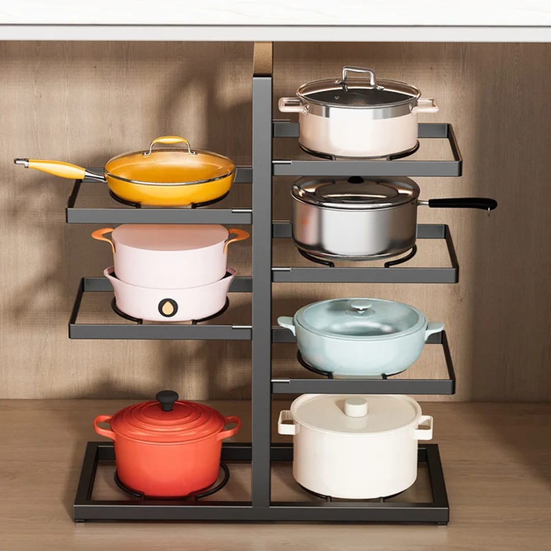 Kitchen Under The Sink Pot Holder Multilayer Frying Pan Rice Cooker Seasoning Storage Rack Adjustable Stainless Steel Organizer