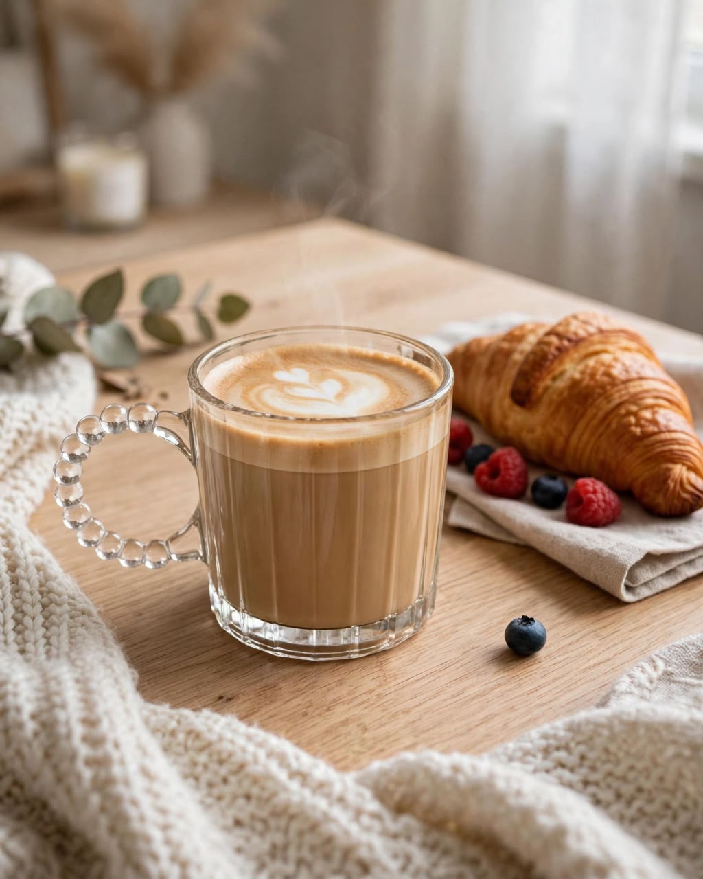 Ribbed Glass Mugs with Beaded embossed Handle 300 ml 6 pcs