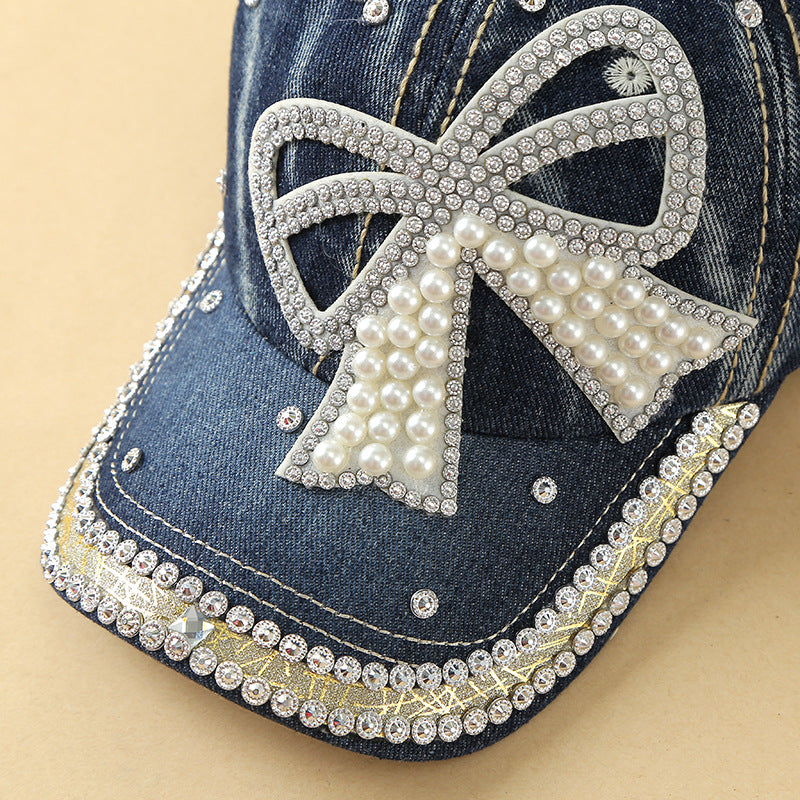 Bow Pearl Diamond Denim Baseball Cap, Spring And Summer New Girls Cap,Sun Protection Denim Hats For Women