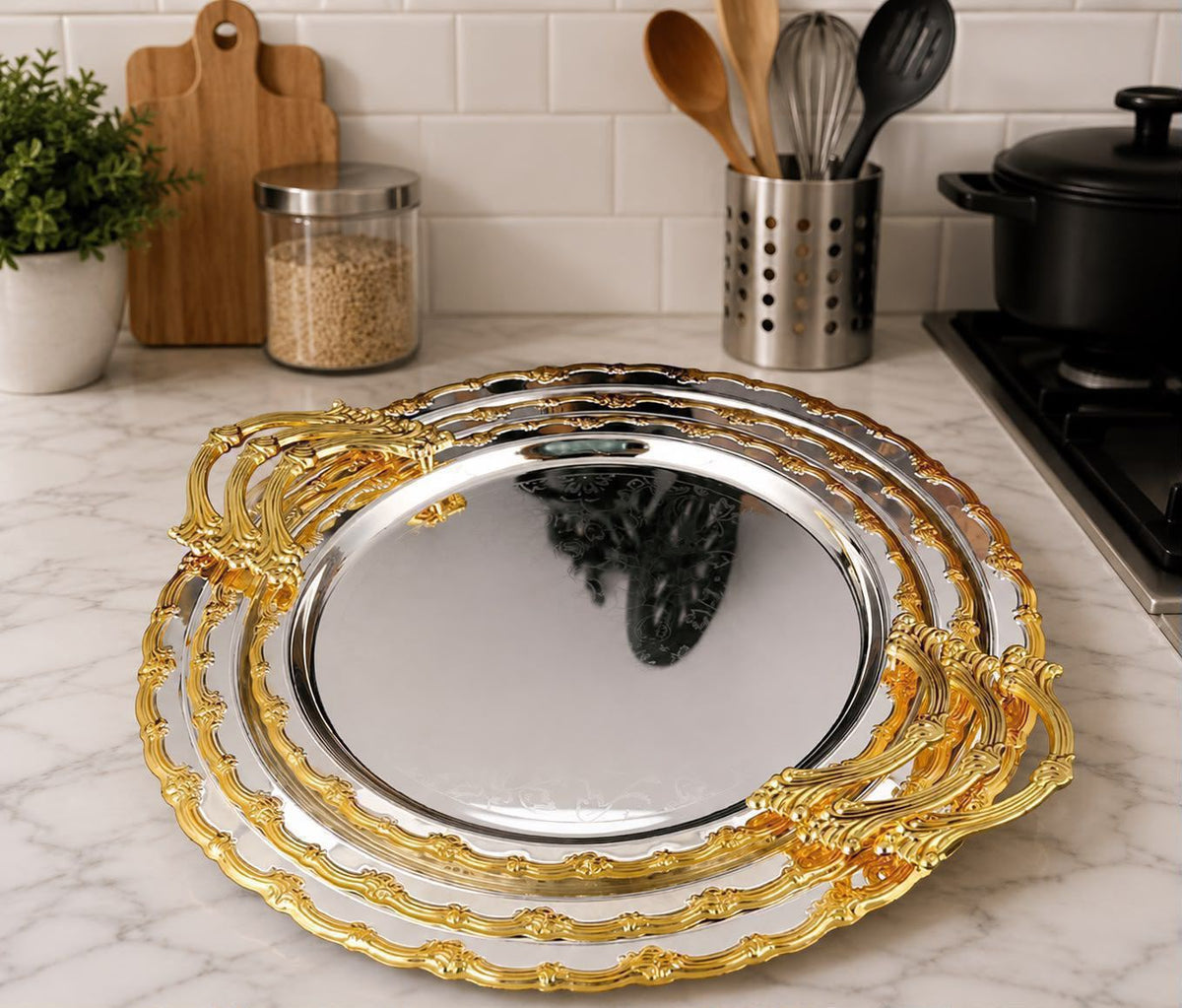 3pcs Luxury round gold plated premium serving tray set for