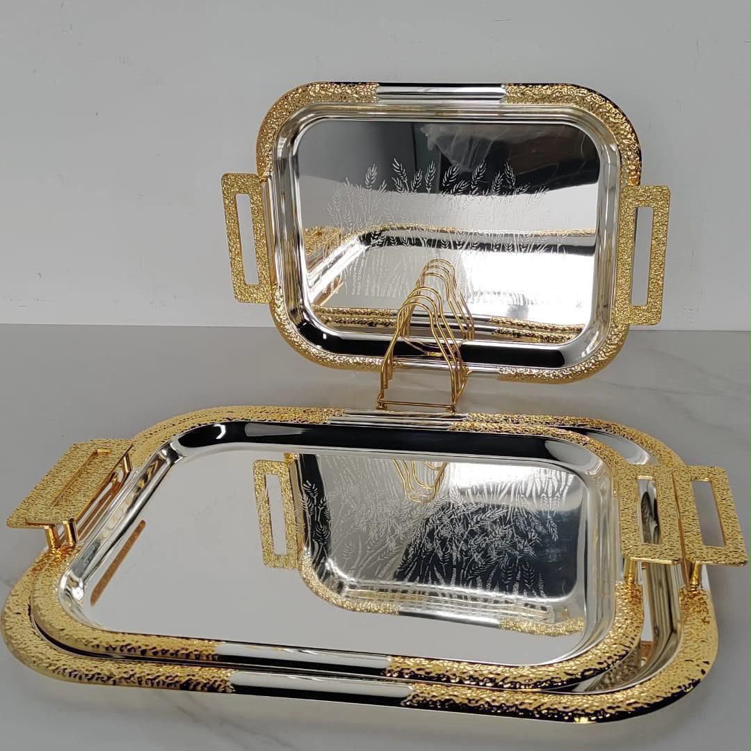 3 pcs rectangular stainless Luxury premium serving trays with gold coated handles.