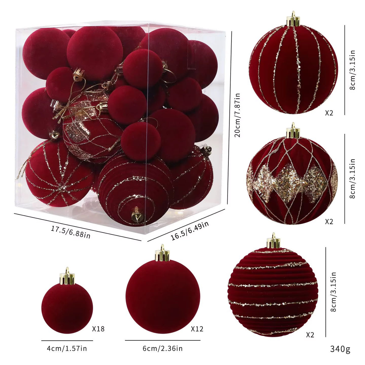 36 pcs Burgundy Velvet Christmas Baubles set