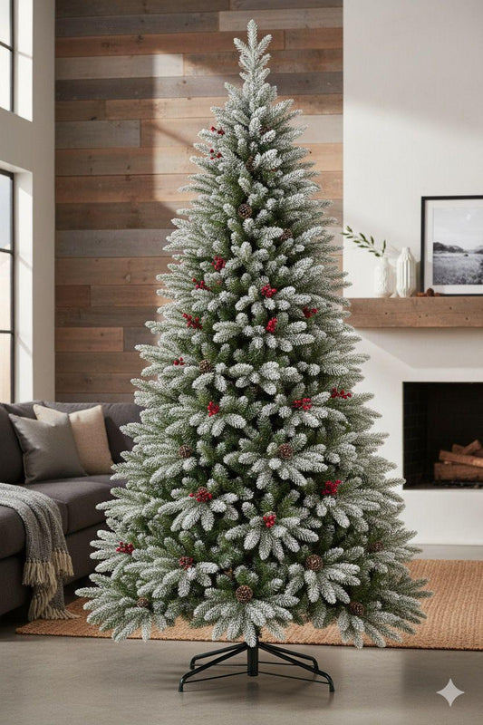 PINE SNOW FLOCKED CHRISTMAS TREE  WITH CONE & RED BERRIES 2.1 meters (7ft)