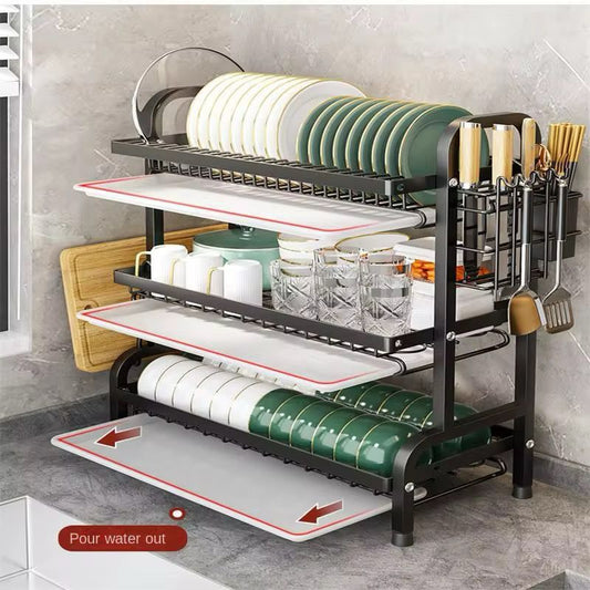 3 Tier Dish Rack With Cutlery Holder & Chop Board Holder (53cm)