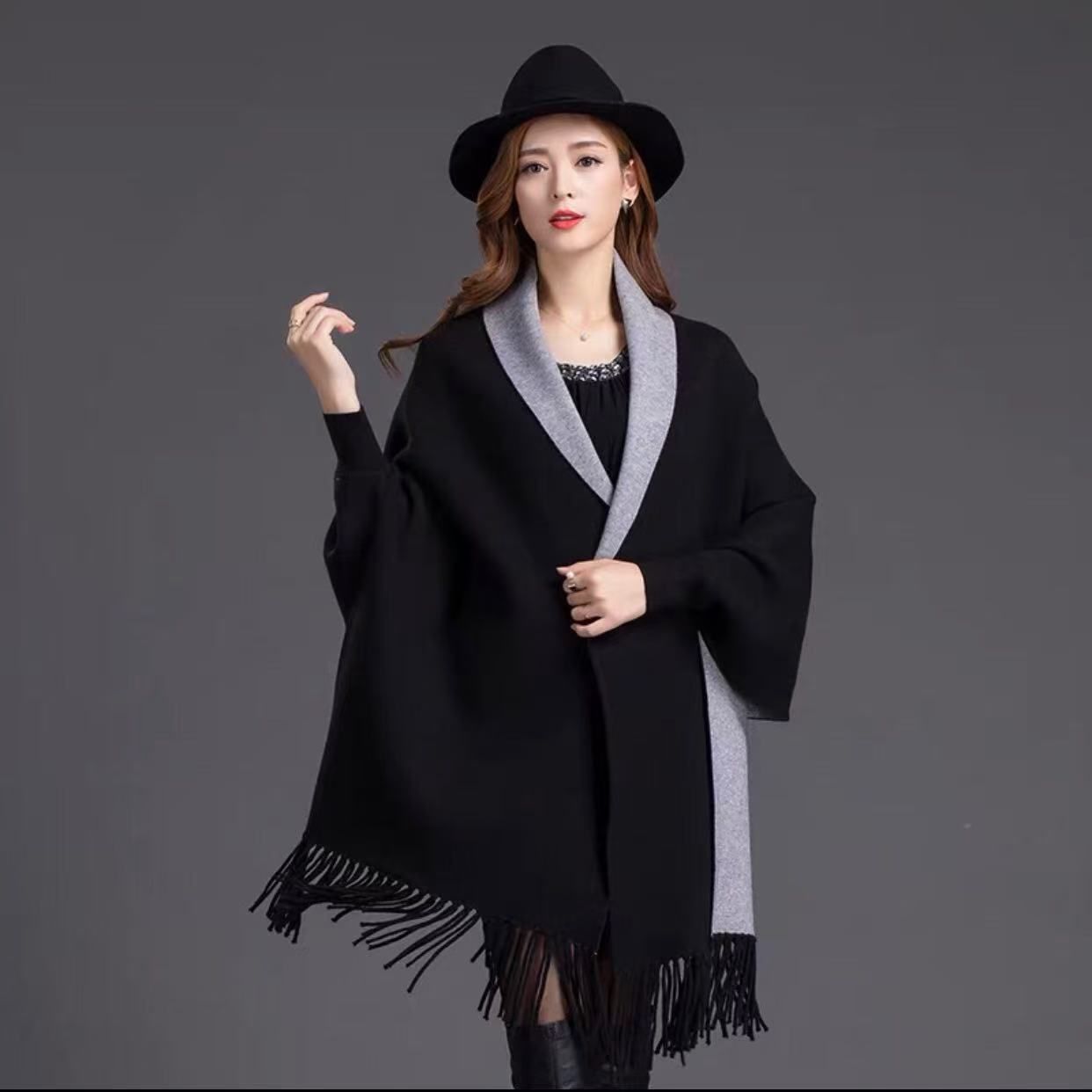 Plain Double Sided Long Sleeve Ponchos Shawls with Tassels