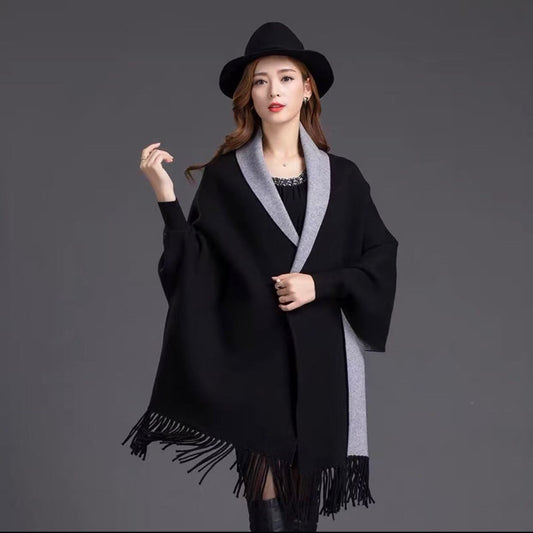 Plain Double Sided Long Sleeve Ponchos Shawls with Tassels