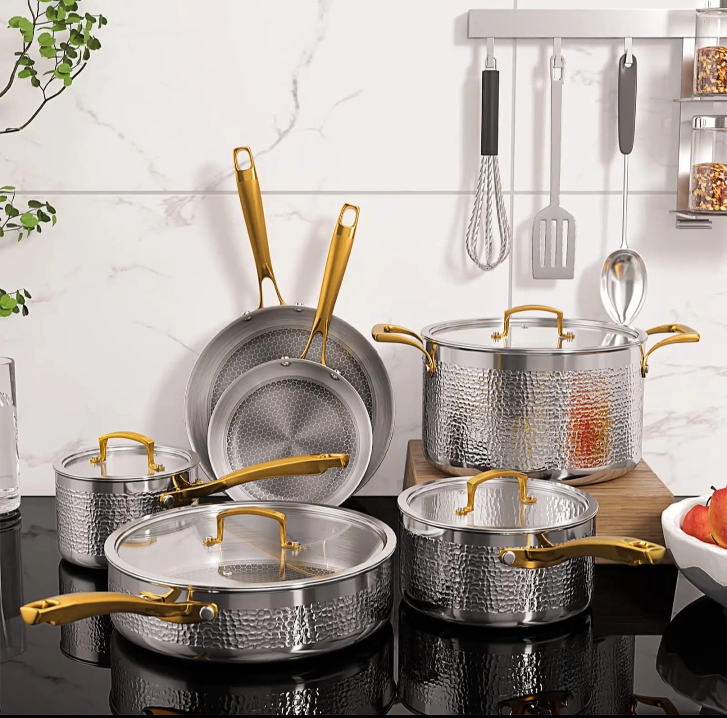 10 PCS Cookware Set with Hammered Patterned Design