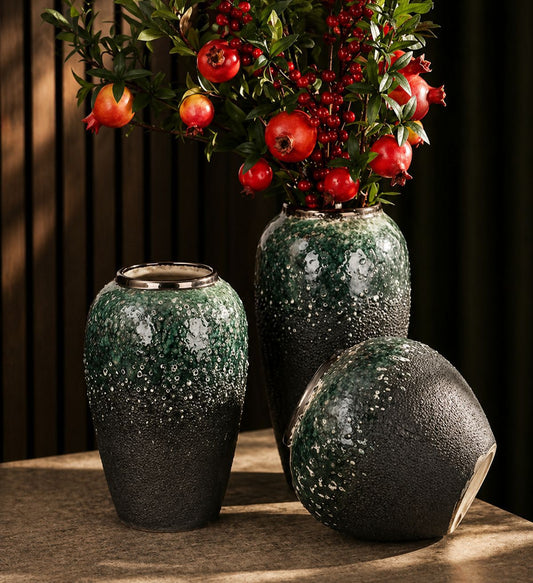 3pcs Dark Green & Gold Accent Vase Set