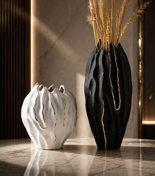 2pcs Gold & Black Tall Vase Set