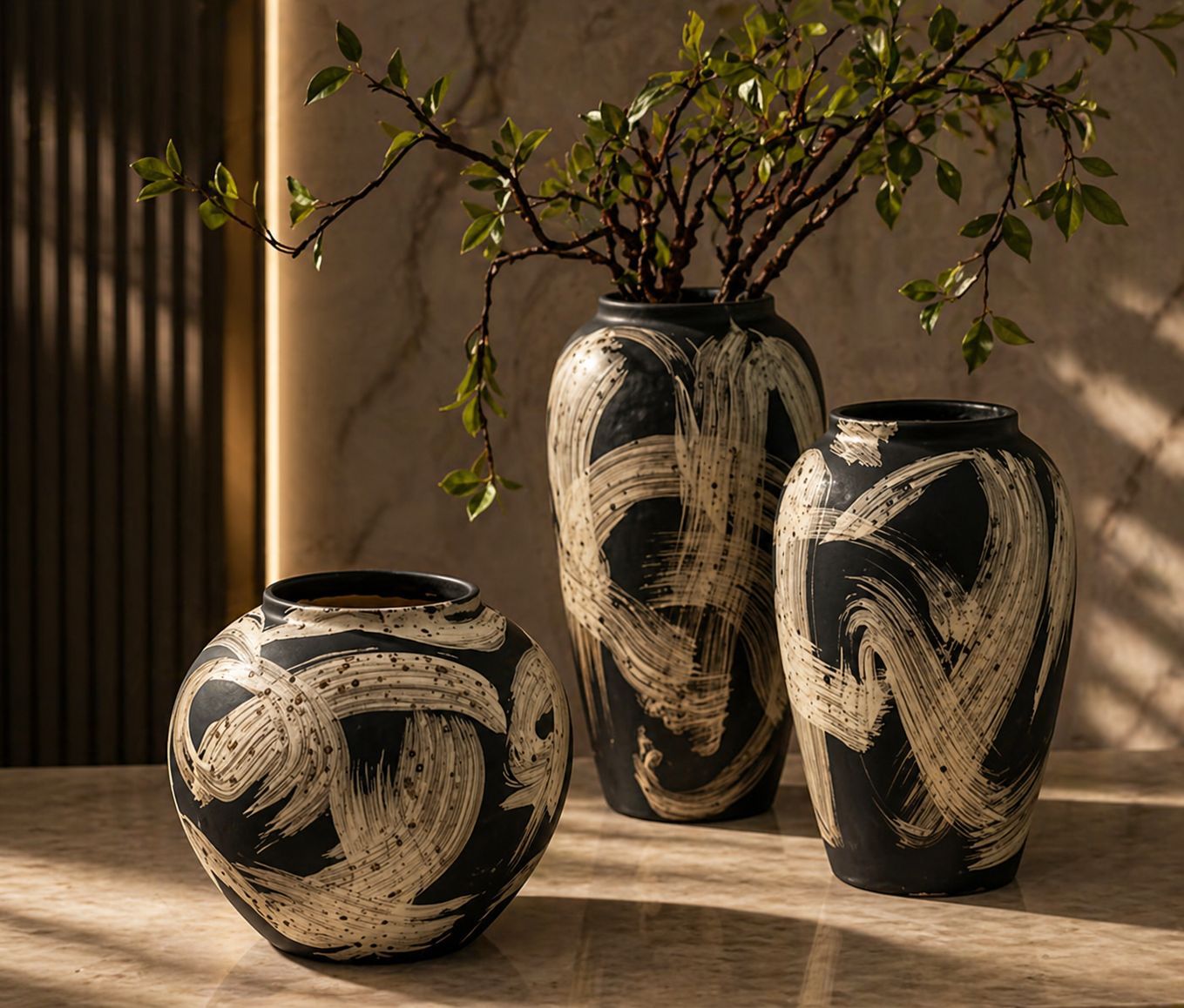 3pcs Artistic Black & White Vase Set