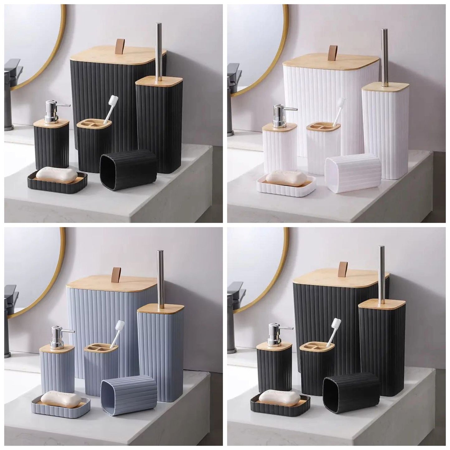 6 in 1 Bathroom Accessories Set with Wooden Top
