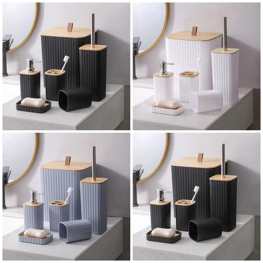 6 in 1 Bathroom Accessories Set with Wooden Top