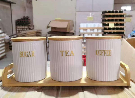 3pc Ceramic Canisters with Bamboo Stand