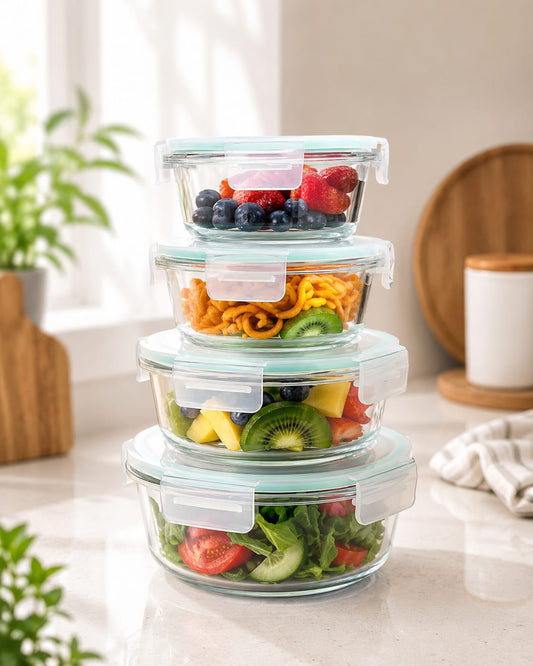 4 Pcs Round Glass Food Container Set