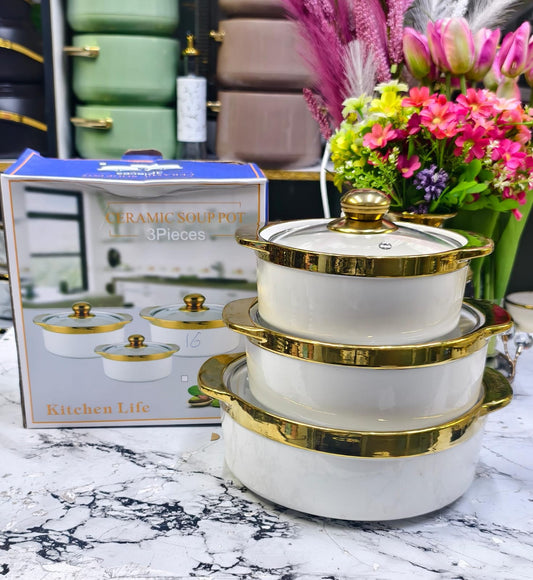 3pc Set Gold Ceramic Serving Dishes