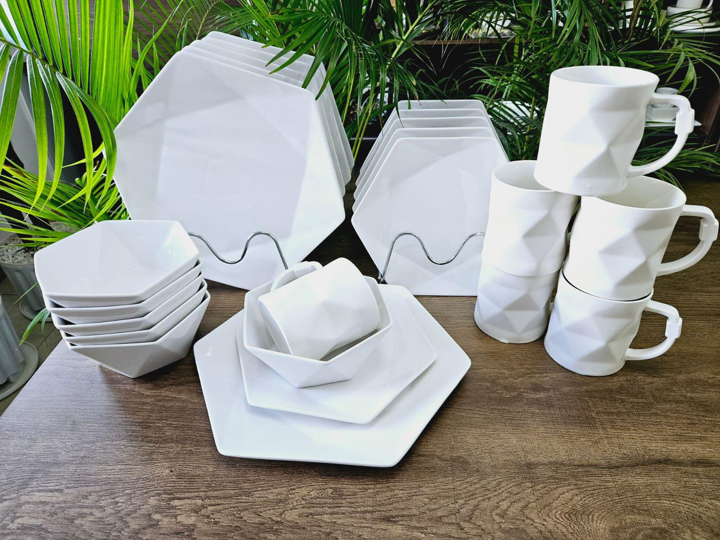 24 PC Plain White Hexagonal Dinner Set