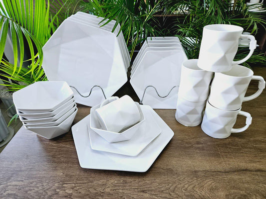 24 PC Plain White Hexagonal Dinner Set