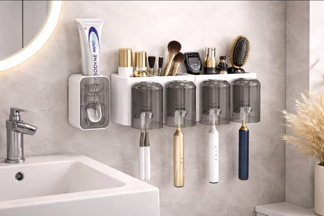 Toothbrush Holder / Toothpaste Dispenser with 4 Cups