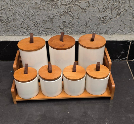 7pcs Ceramic Canisters Set with Bamboo Stand