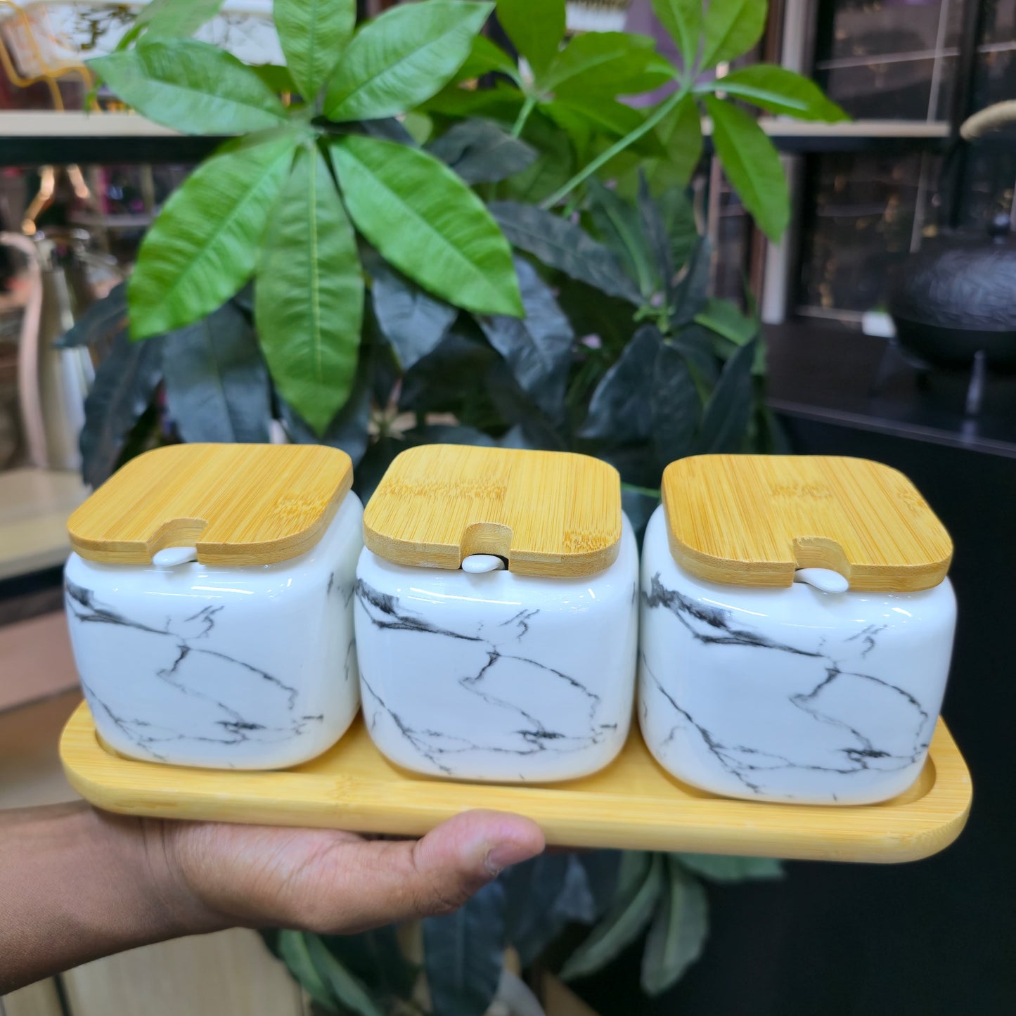 3pcs Ceramic Condiment Set With Lids Spoons & Tray