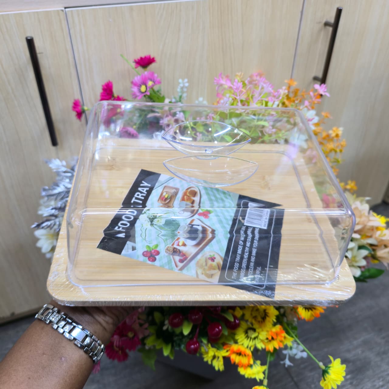 Square Bamboo Food Tray with Acrylic Lid