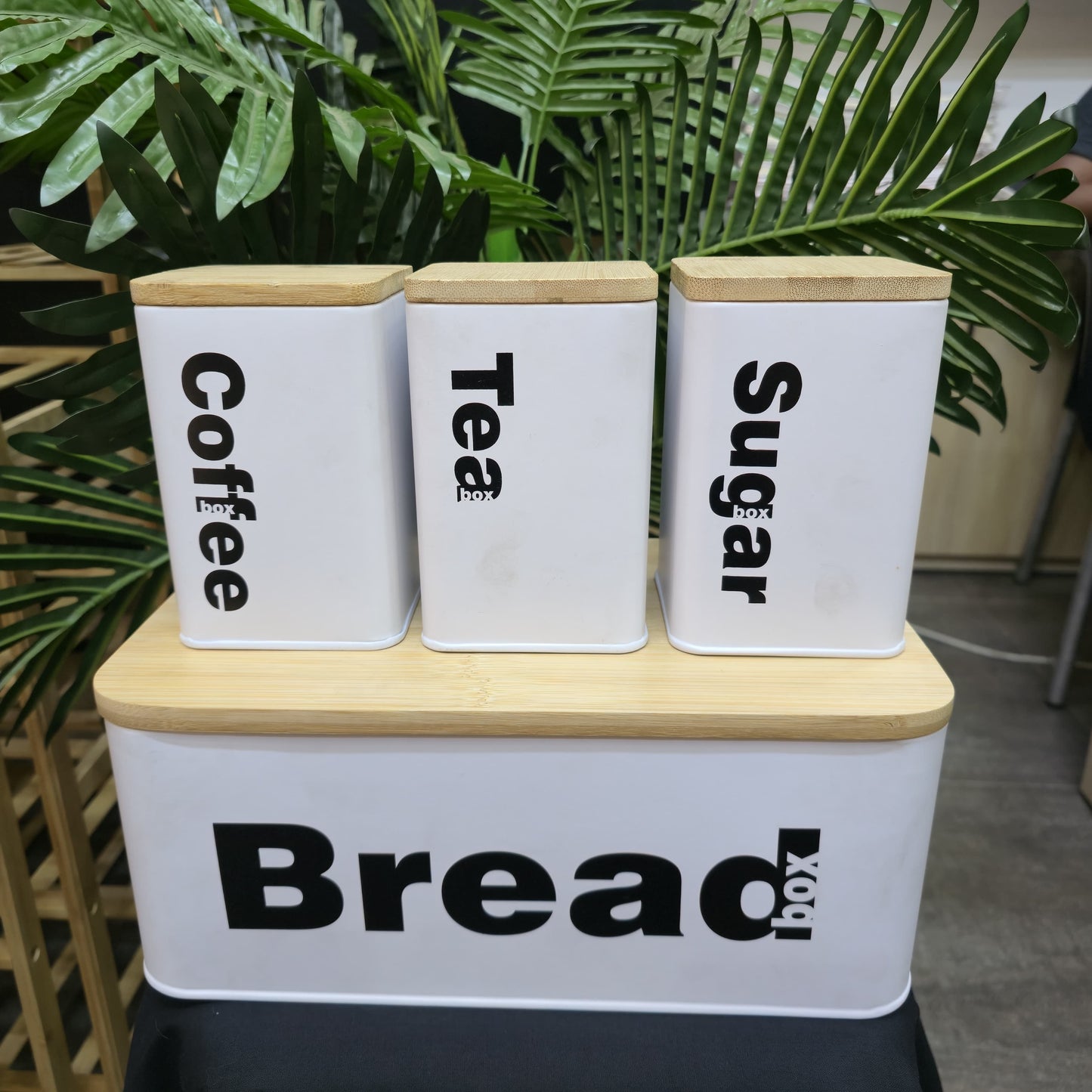 Bread Bin with Three Canister Set with Bamboo Lid