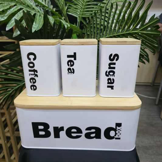 Bread Bin with Three Canister Set with Bamboo Lid