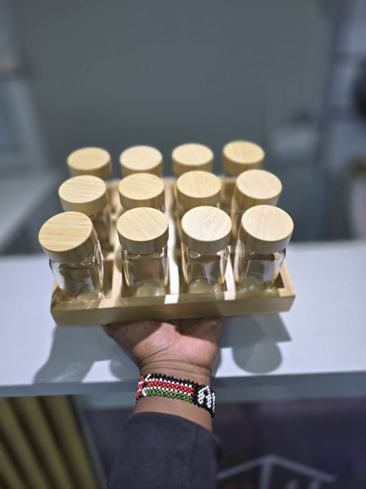 12 PC GLASS SPICE JARS WITH RACK