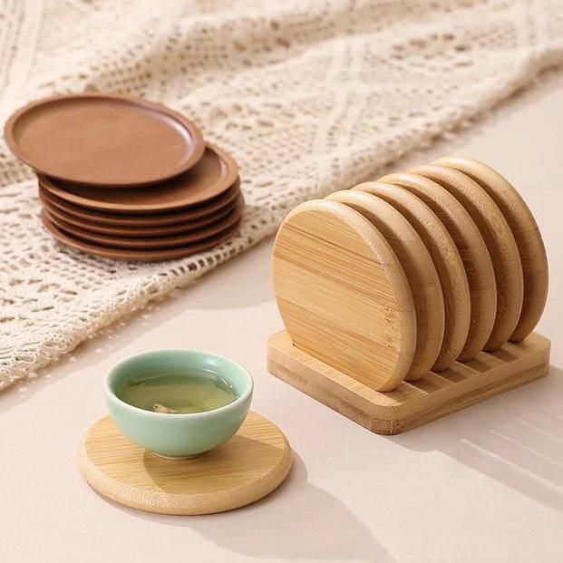 6pcs bamboo coasters + 1 holder rack