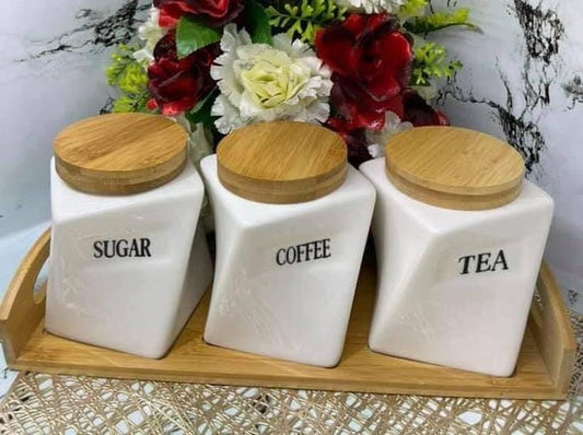Twisted set of 3pcs canisters with bamboo stand