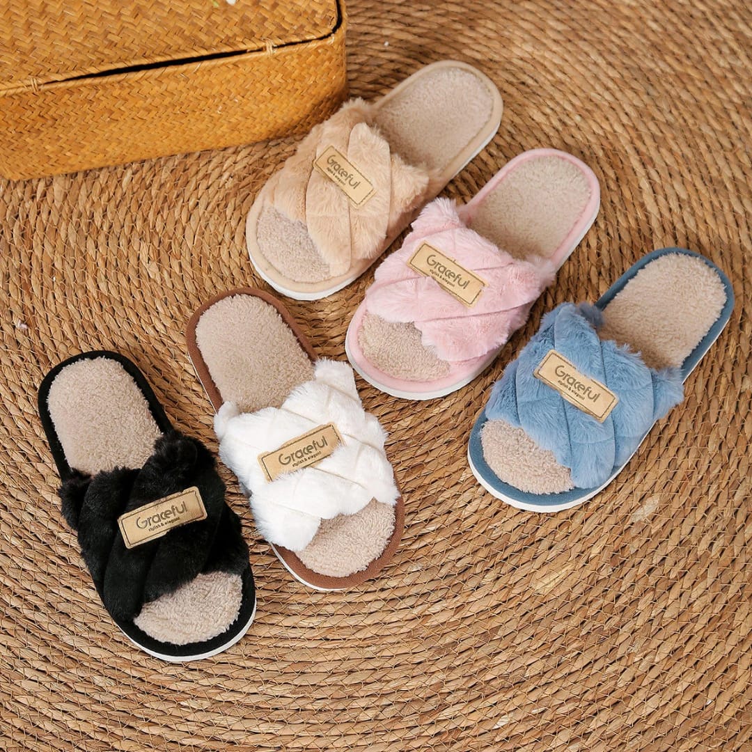 1Pair Casual Open Toe Fluffy Slippers