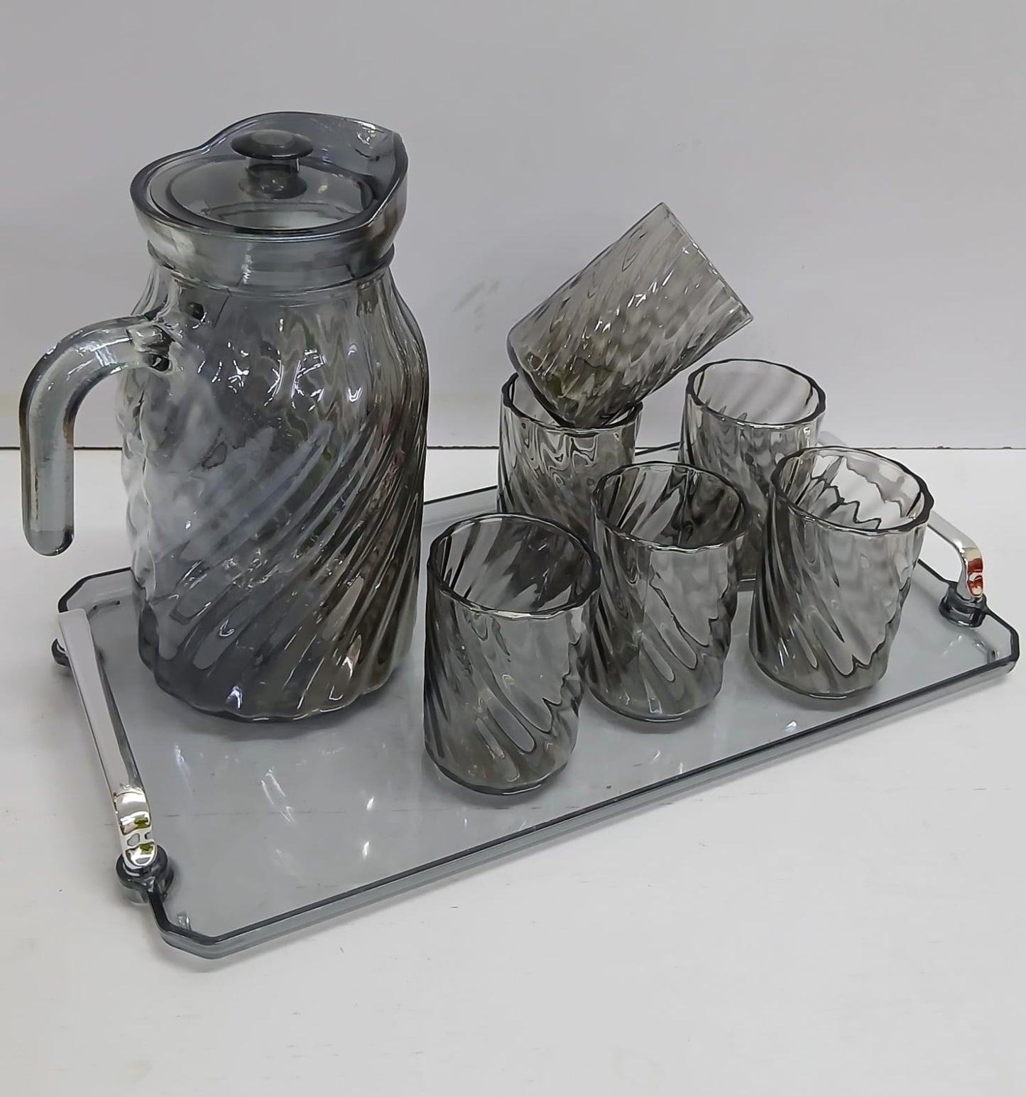 Glass Jug with glasses + Tray
