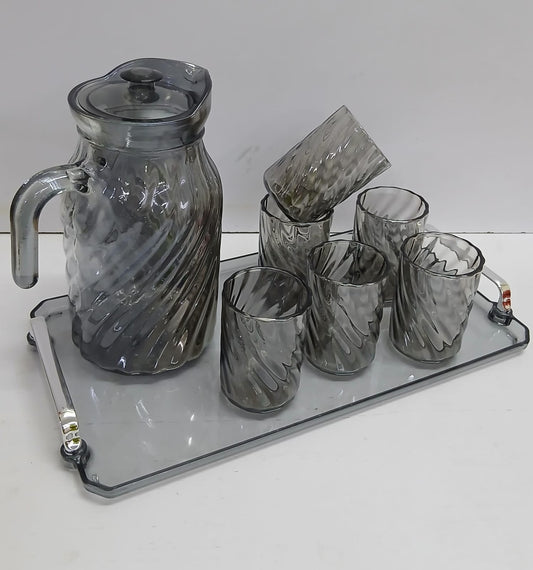 Glass Jug with glasses + Tray