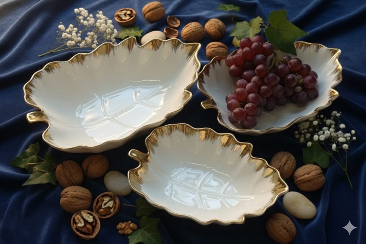 3pc Gold Detail Leaf Bowls