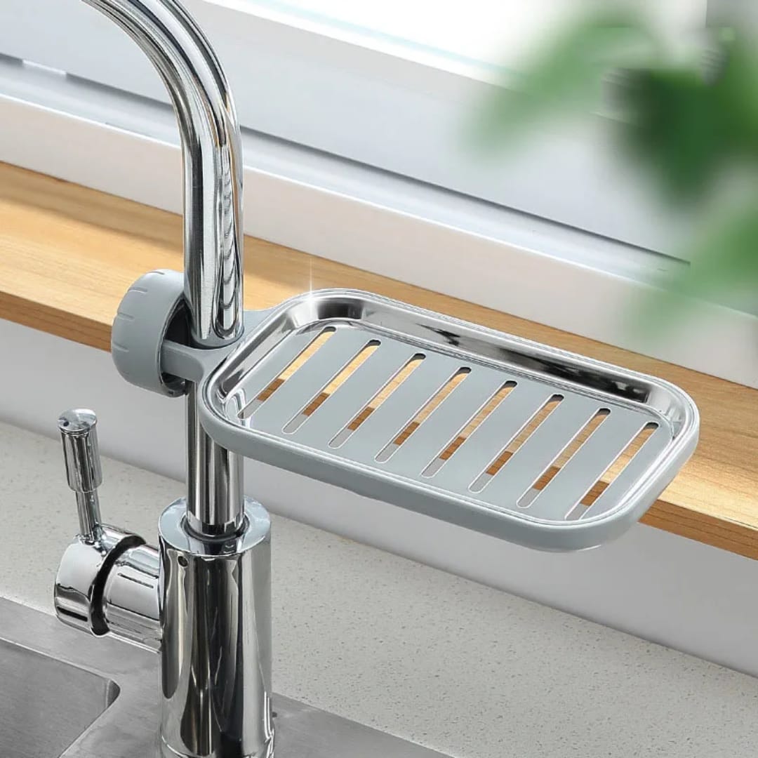 Adjustable sink faucet storage rack