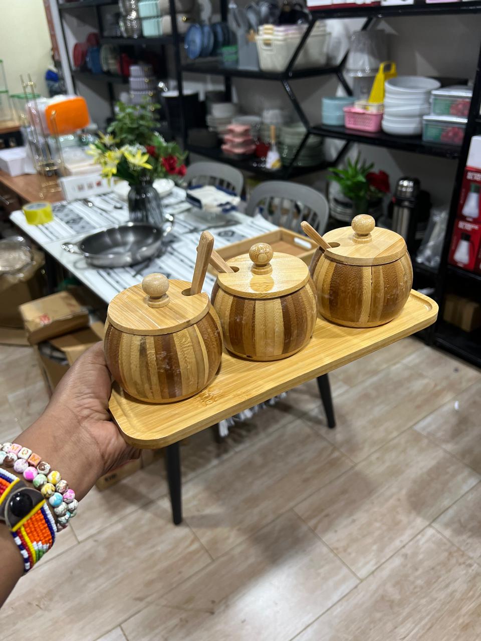 3pc set of bamboo condiments jars