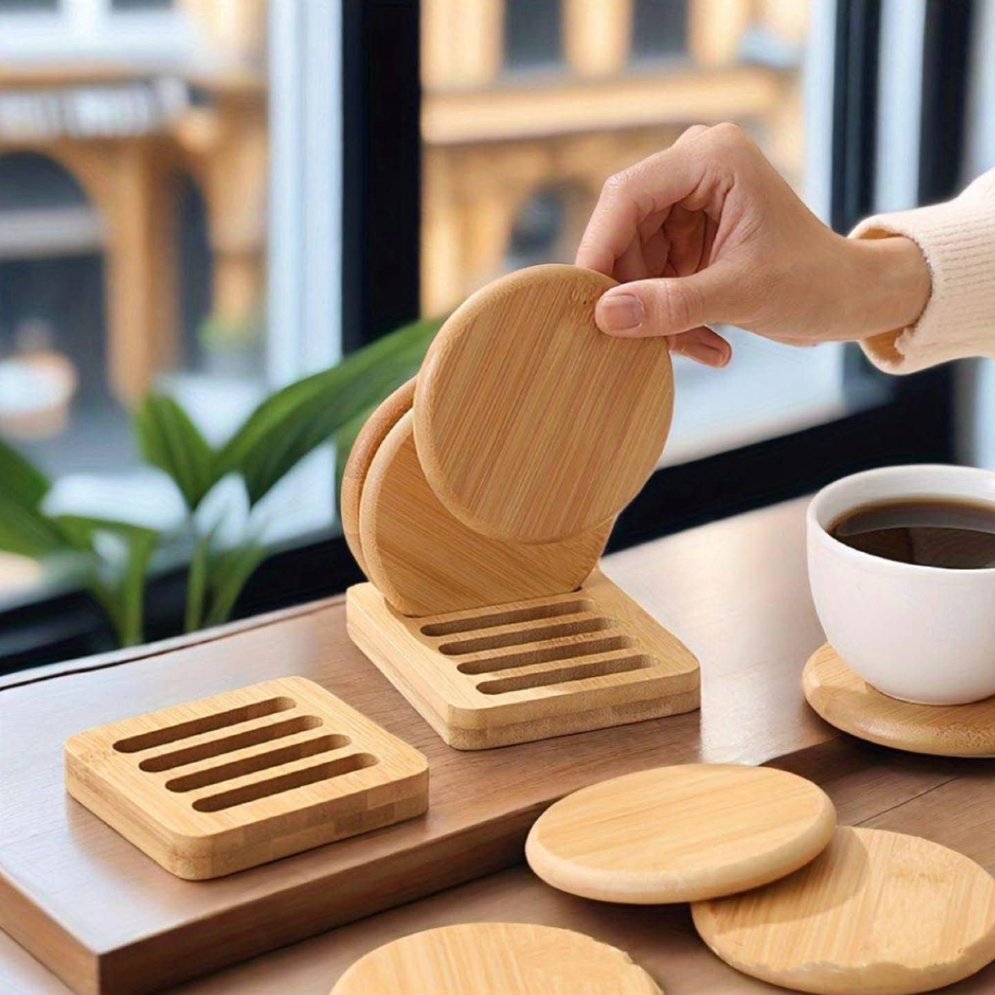 6pcs bamboo coasters + 1 holder rack