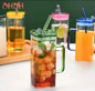 Square Borosilicate Glass With Handle Acrylic Lid And Straw.