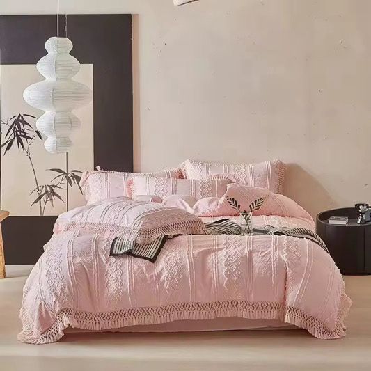 Boho style 3D jacquard tassel 4 piece duvet cover set