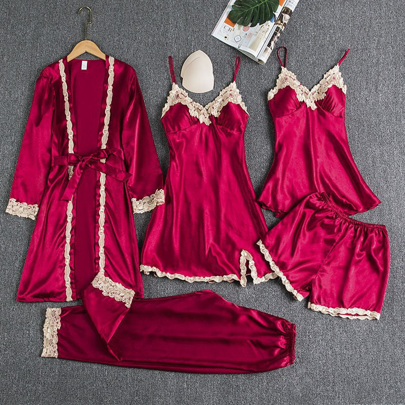5 IN 1 QUALITY SILK PAJAMA LINGERIE SLEEPWEAR SET